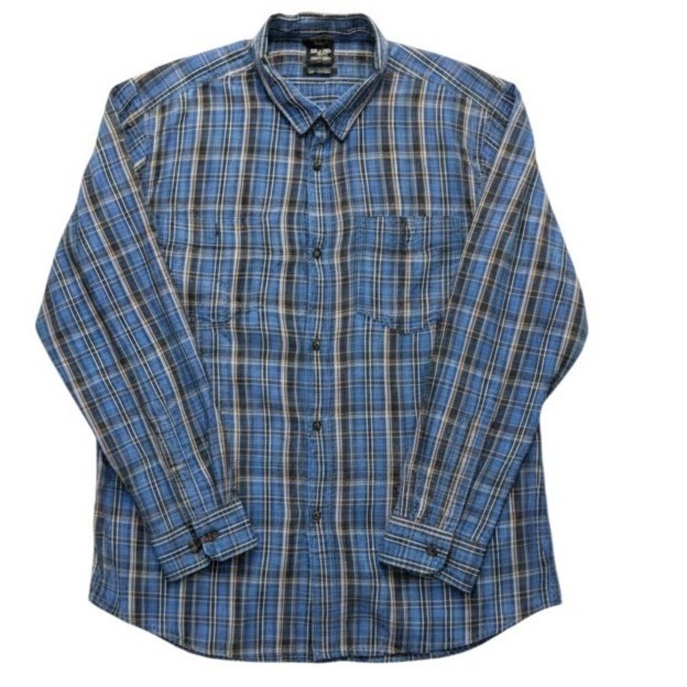 prAna Mens Button Down Shirt XLT Tall Blue Plaid Organic Cotton Long Sleeve Flaw